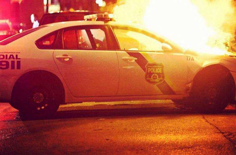 police car on fire