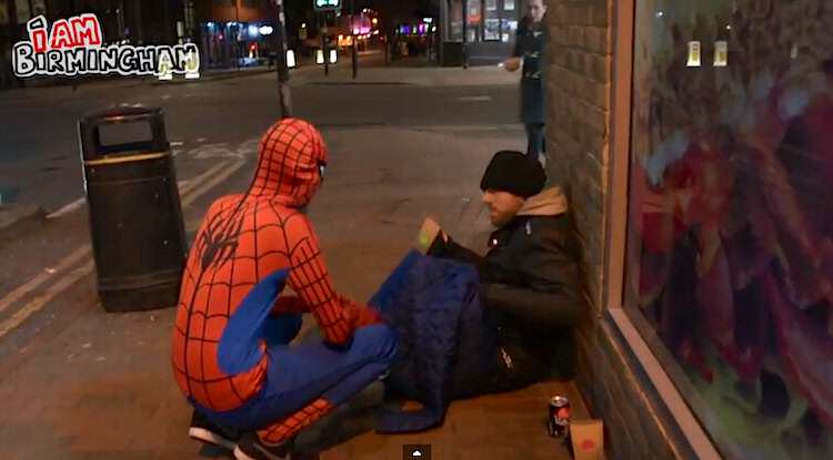 spiderman-feeds-homeless-IamBirmingham-YouTube