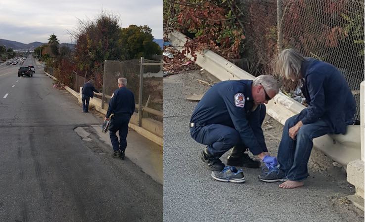 firefighter gives shoes