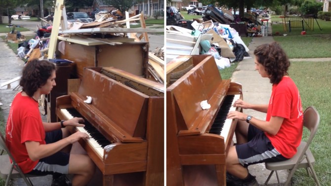 teen plays piano after flooding