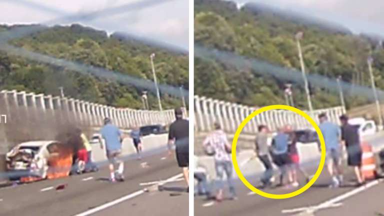 heroes rescue a woman from a burning car on the highway