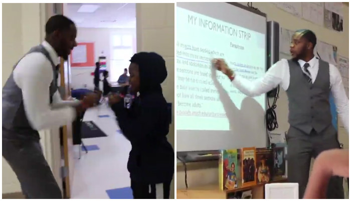 Teacher with personalized handshakes
