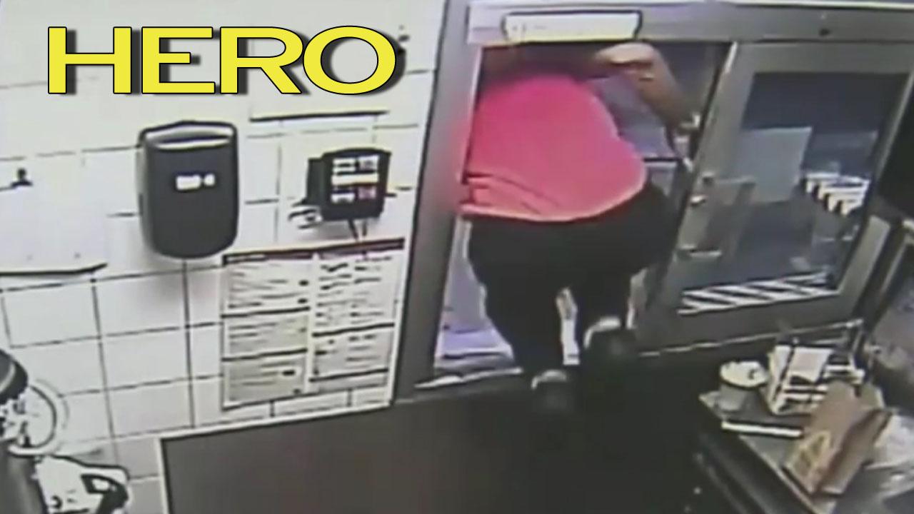 mcdonalds worker jumps through window to save police officer