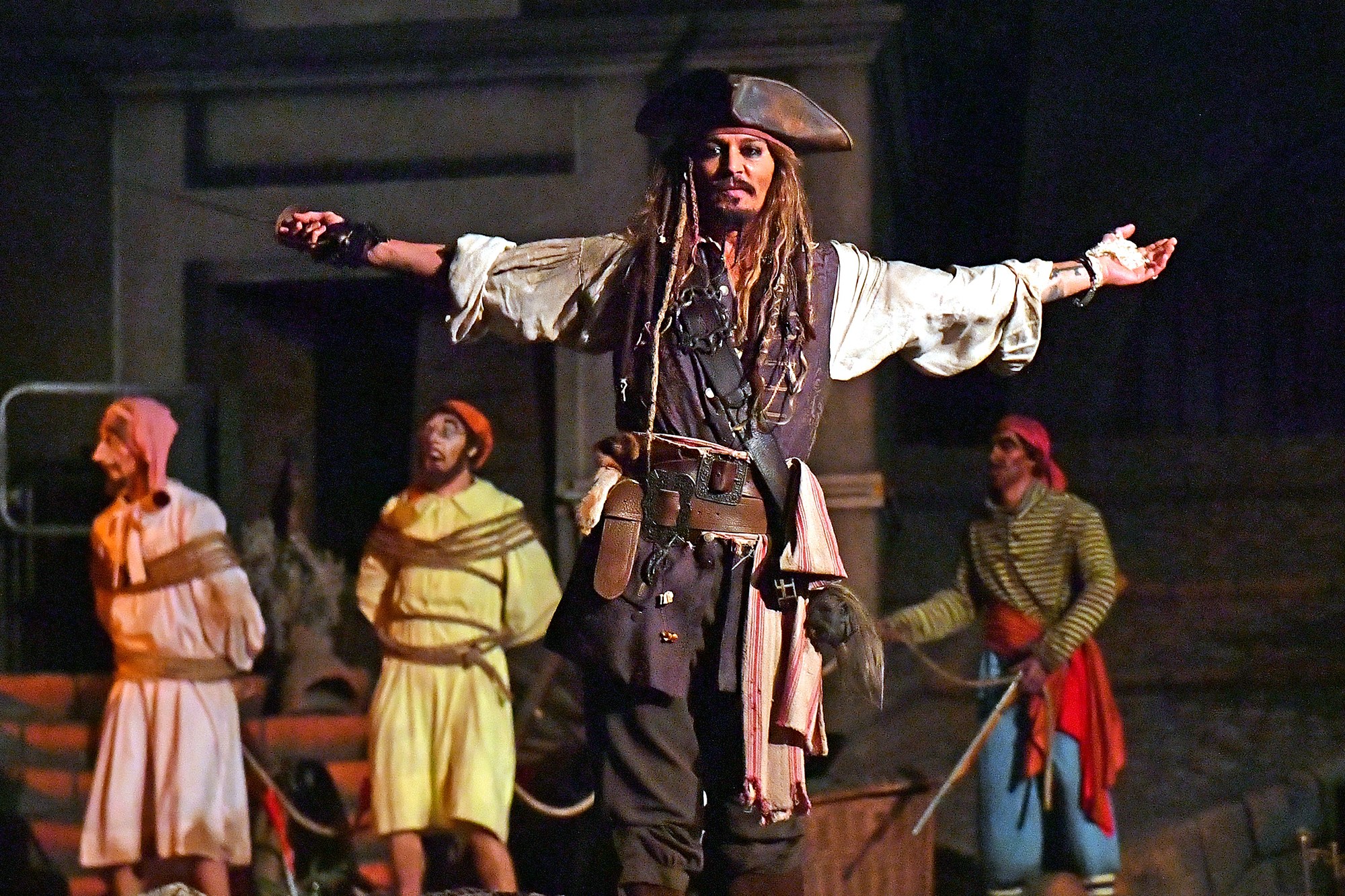 EXCLUSIVE: Johnny Depp stunned fans on the Pirates of the Caribbean ride at Disneyland last night (wed) - by making a surprise appearance dressed as Captain Jack Sparrow. The legendary actor wore his trademark Pirate outfit as he shocked delighted theme p