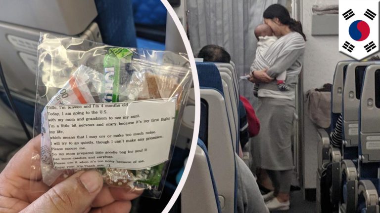 korean mom hands out goody bags on flight