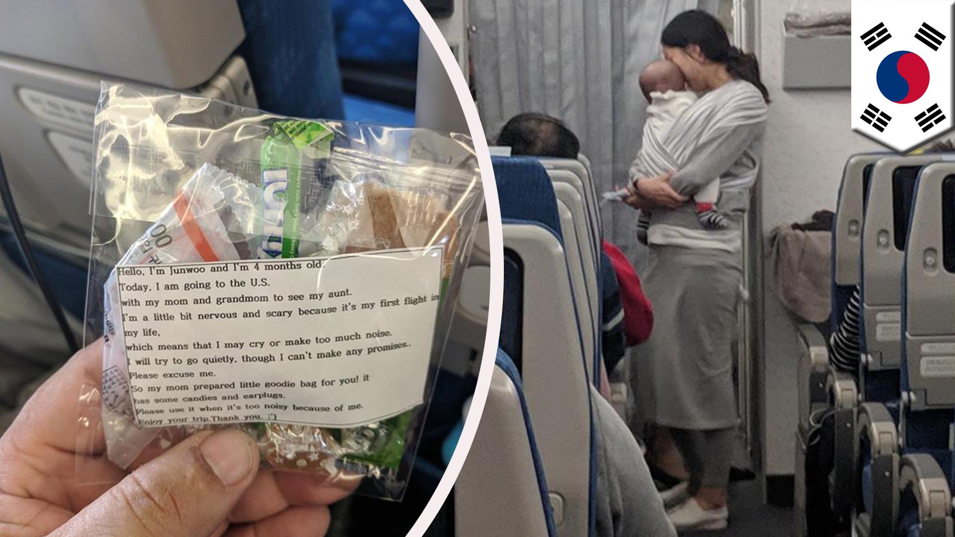 korean mom hands out goody bags on flight